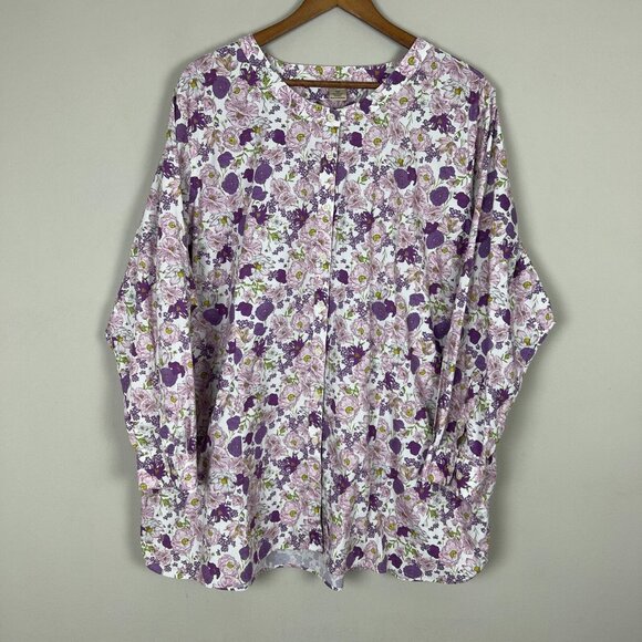 Duluth Tunic Top Womens 3X Lavender Floral Wrinklefighter Collarless Button Down - Picture 1 of 11